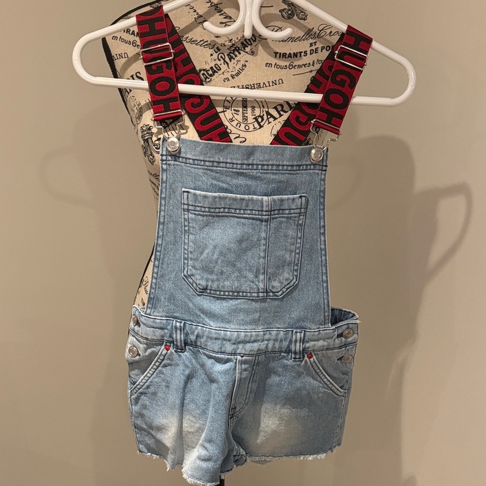 HUGO Light Blue Denim Overalls with Red Straps